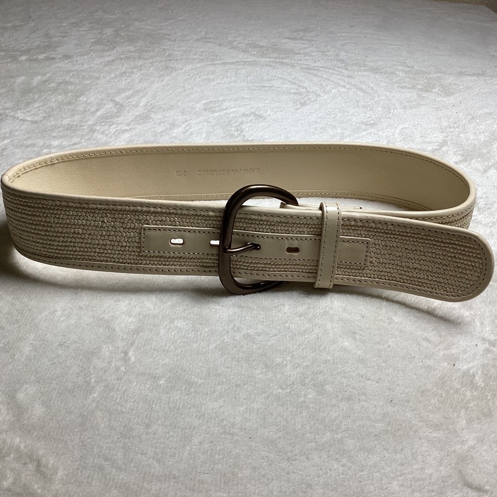Banana Republic Women XS Cream Woven Raffia Leather Trim Wide Belt Bronze Buckle